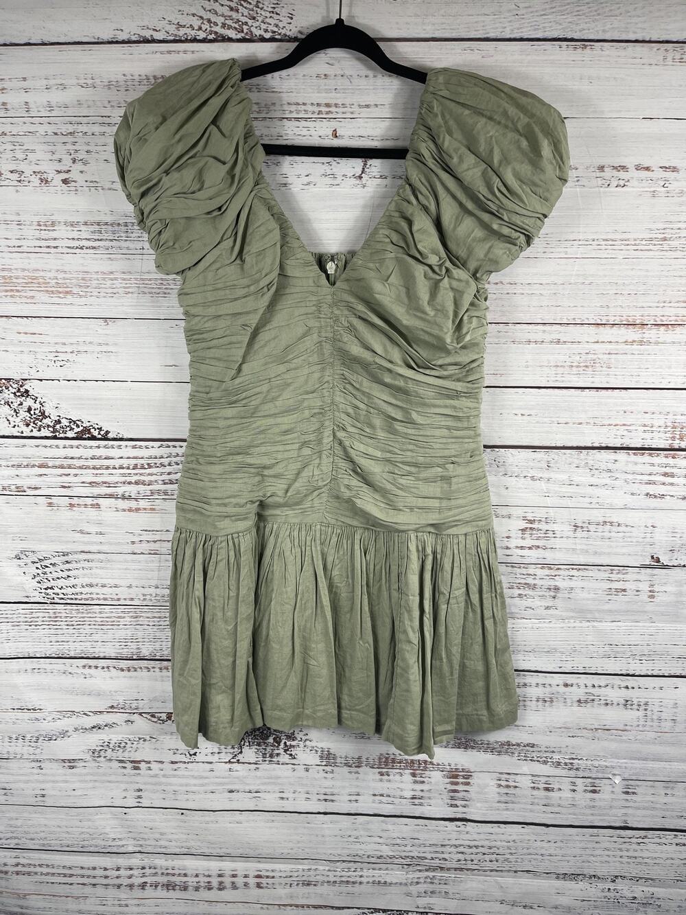 Abercrombie & Fitch Dress Women's Size L Green Ruched Puff Sleeve Smocked V-Neck